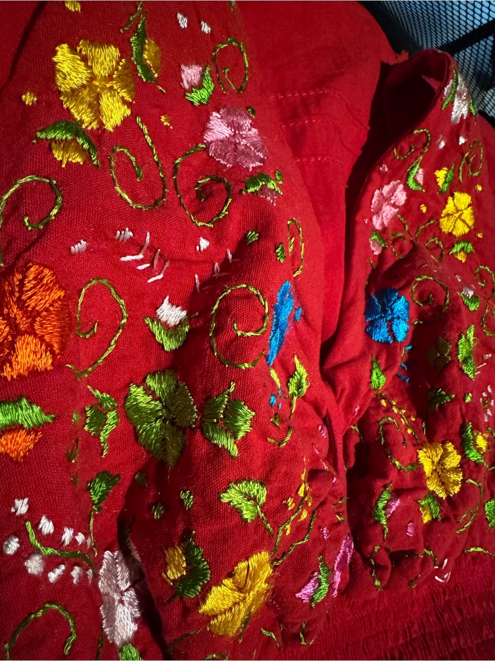 Mexican Boho Embroidered Red Dress Small Floral Embroidery Pinup Retro Dress - Picture 7 of 7